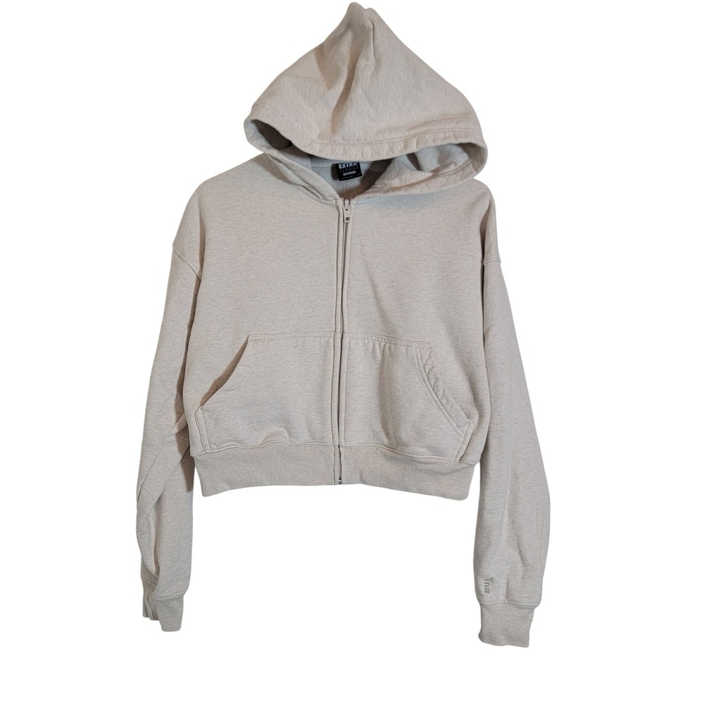 Aritzia Tna Extra Fleece Boyfriend Zip Hoodie Cream Oatmeal Cropped Small Cotton